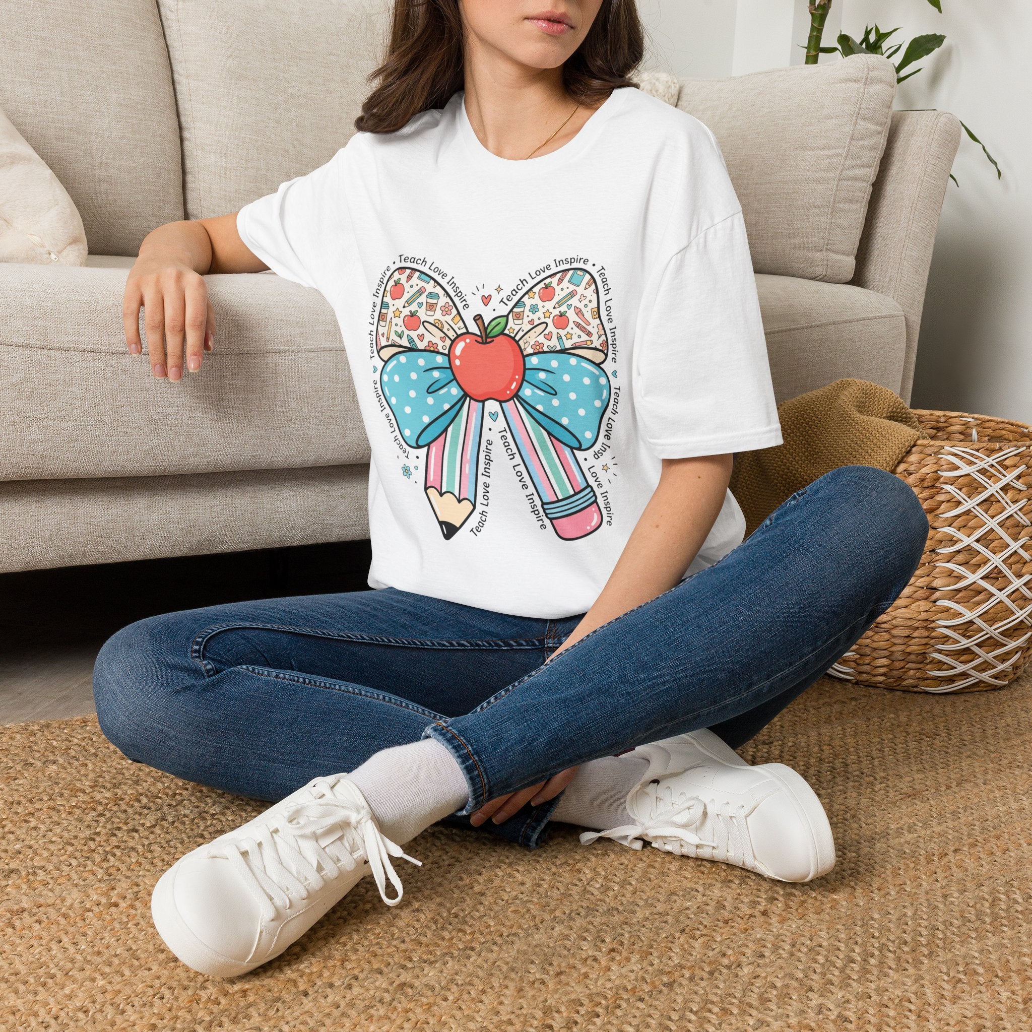Teacher Bow T-Shirt — "Teach, Love, Inspire"
