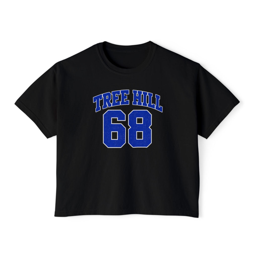 Tree Hill 68 Boxy Tee — Women's Retro Varsity Top (Fields 68 on Back)