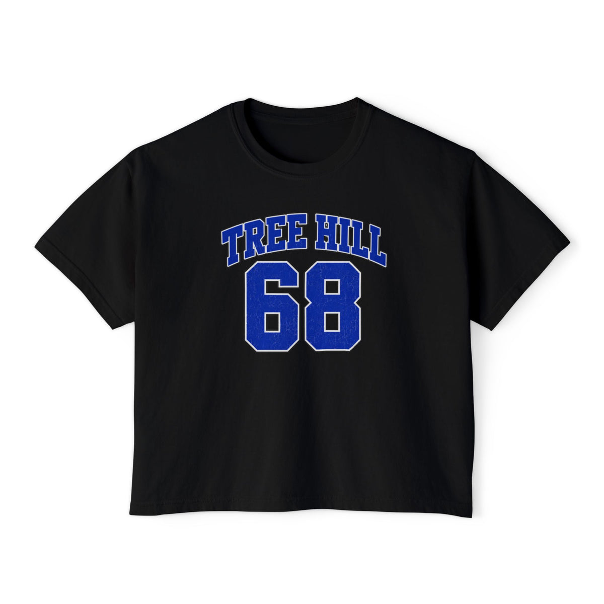 Tree Hill 68 Boxy Tee — Women's Retro Varsity Top (Fields 68 on Back)