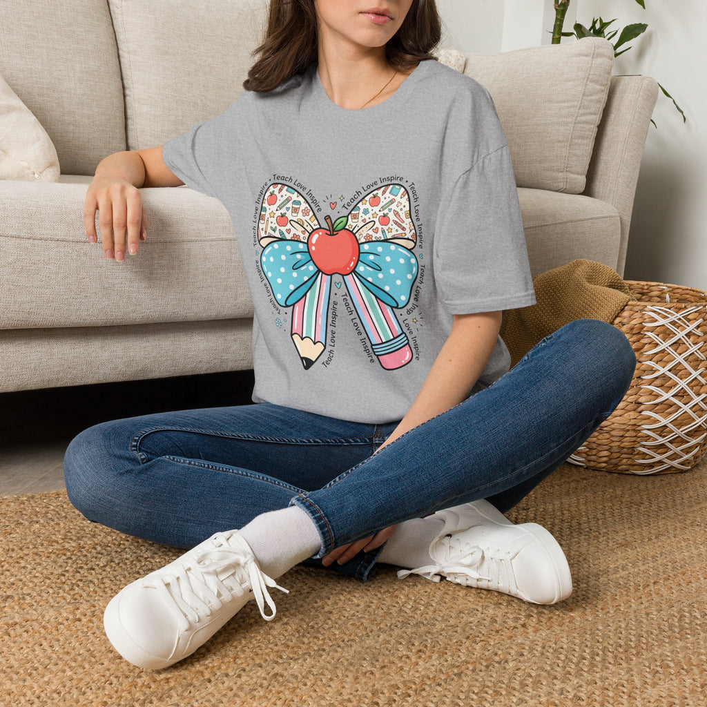 Teacher Bow T-Shirt — "Teach, Love, Inspire"