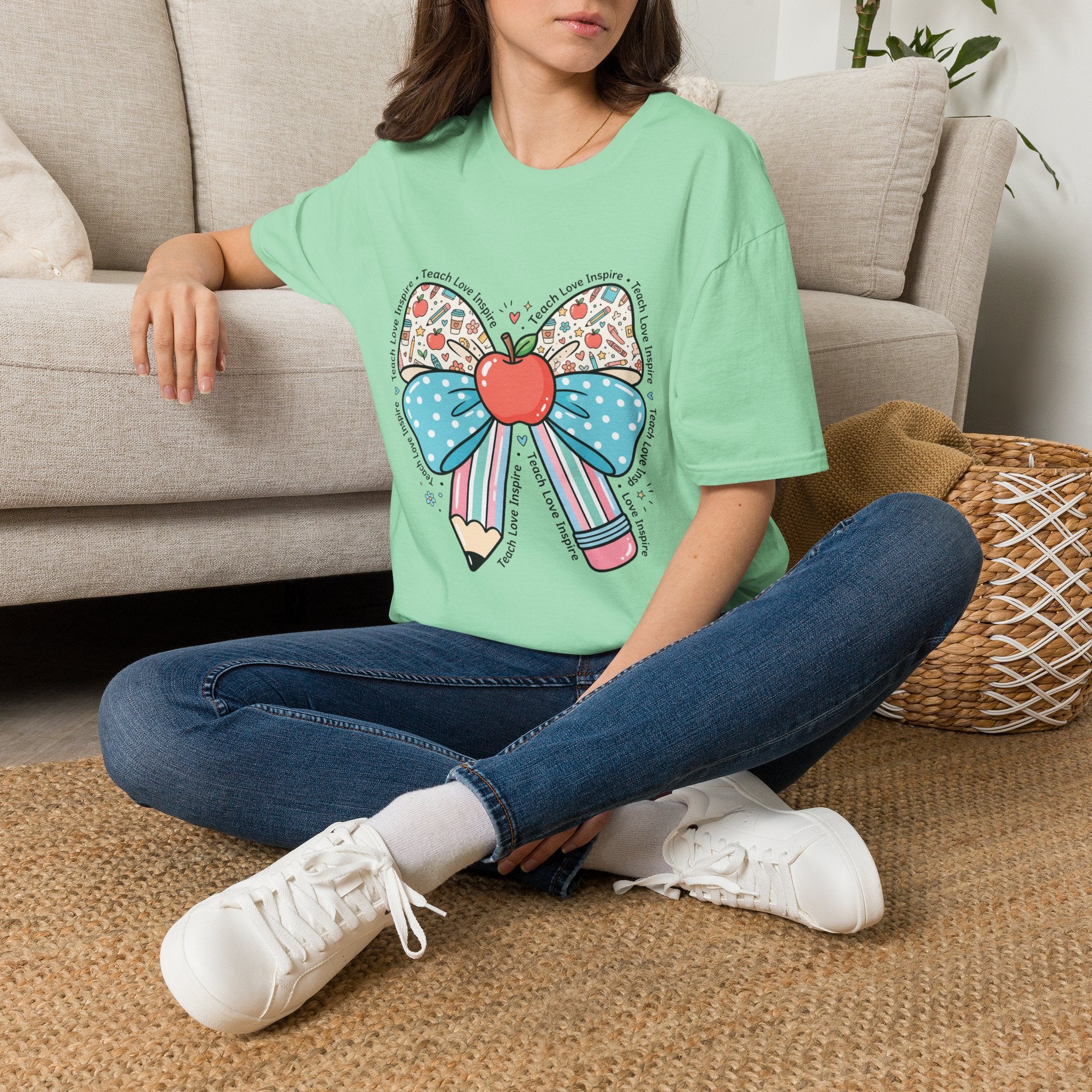 Teacher Bow T-Shirt — "Teach, Love, Inspire"