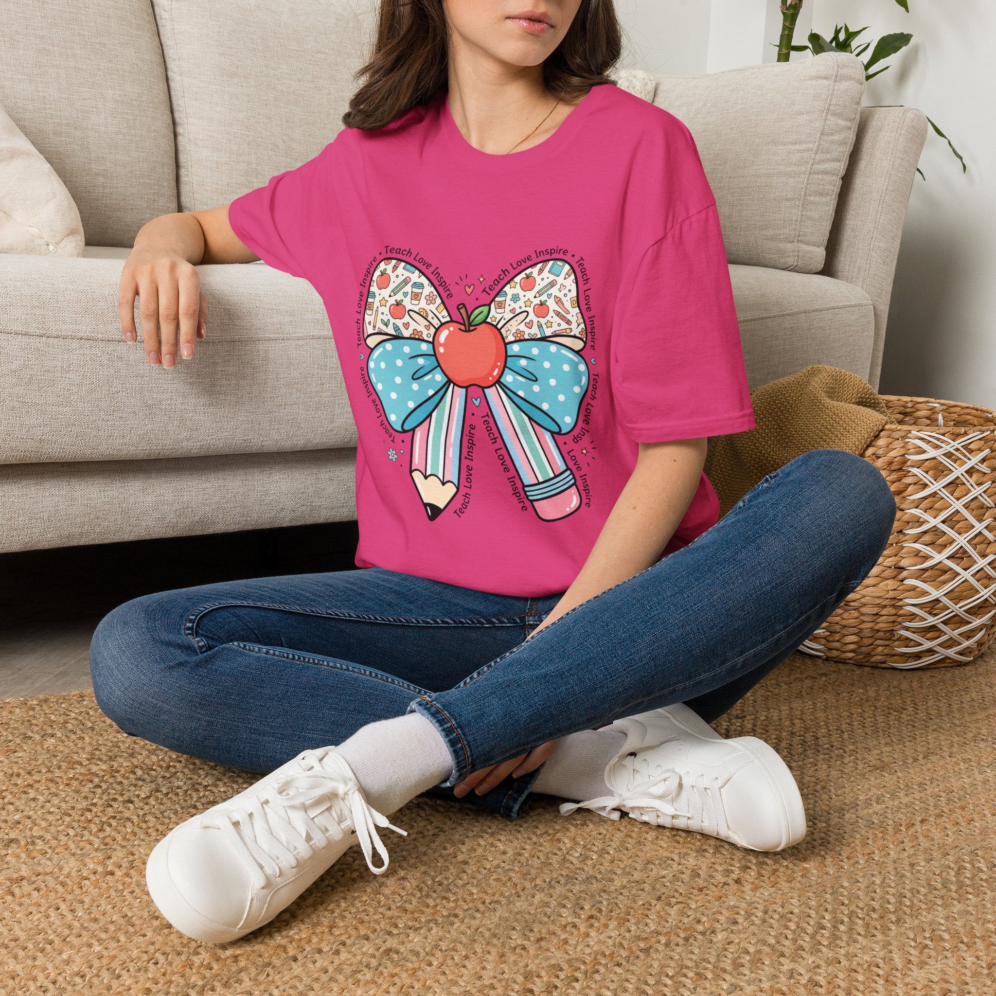 Teacher Bow T-Shirt — "Teach, Love, Inspire"