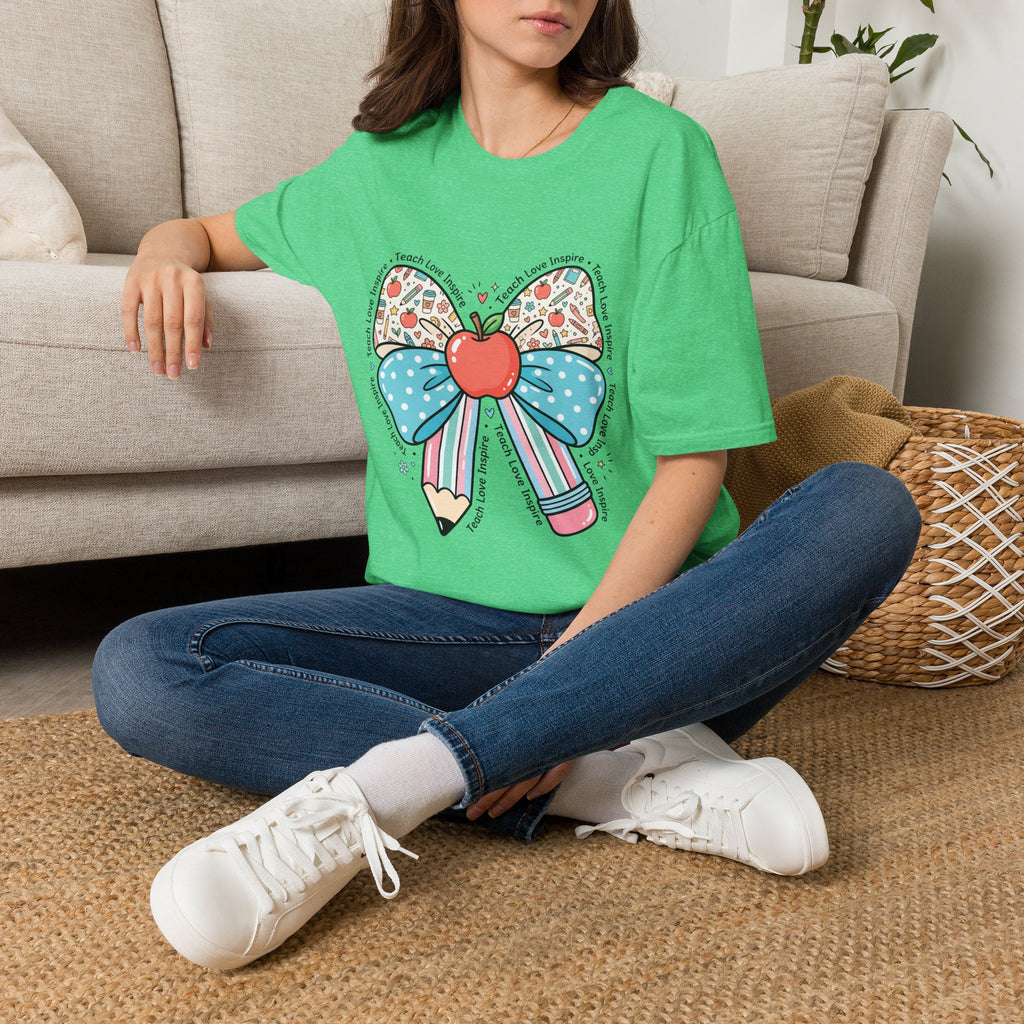 Teacher Bow T-Shirt — "Teach, Love, Inspire"