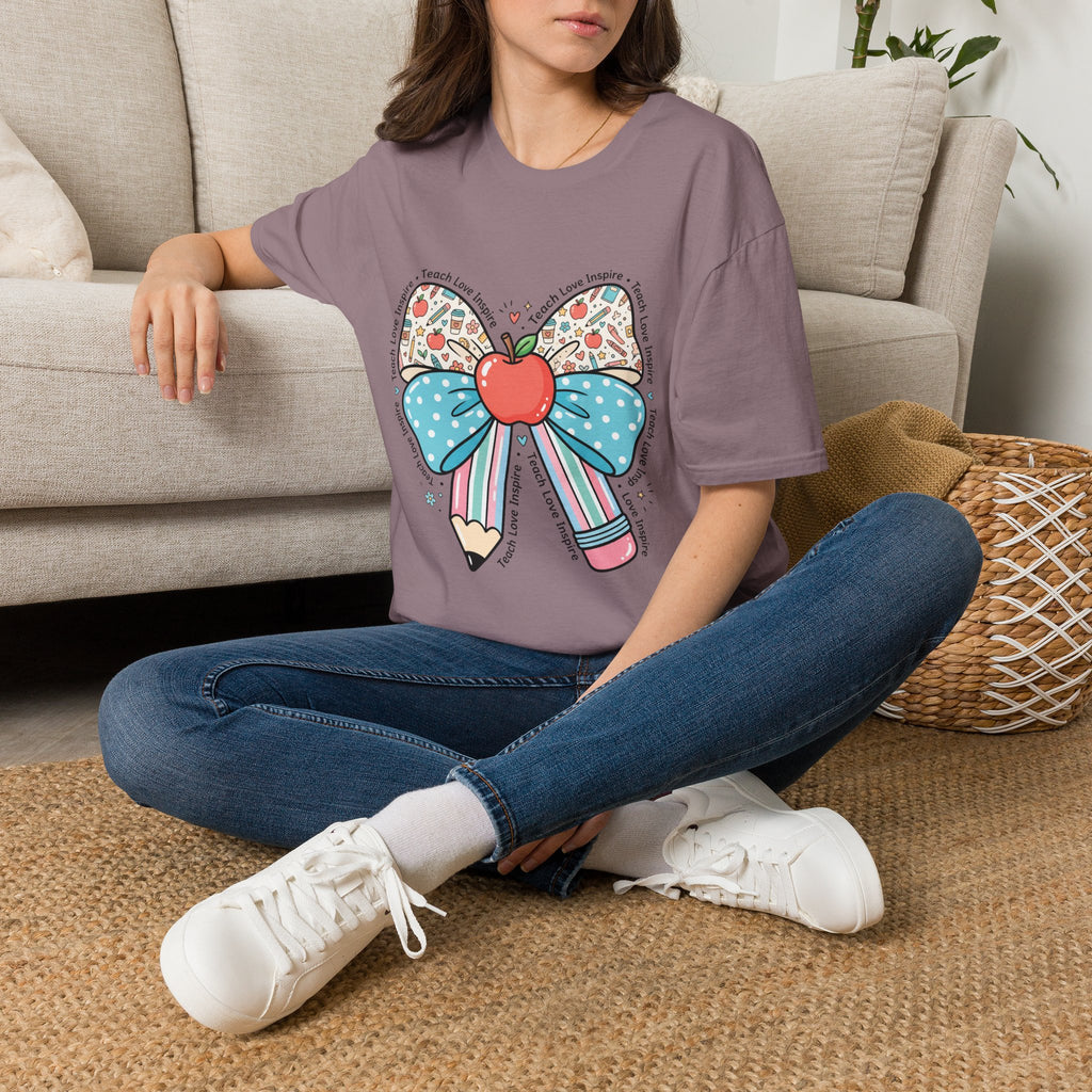 Teacher Bow T-Shirt — "Teach, Love, Inspire"