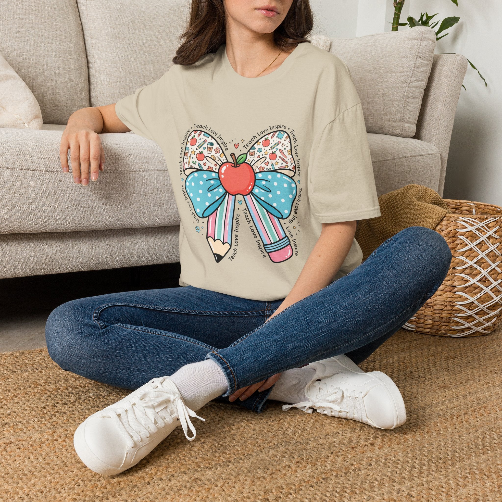 Teacher Bow T-Shirt — "Teach, Love, Inspire"