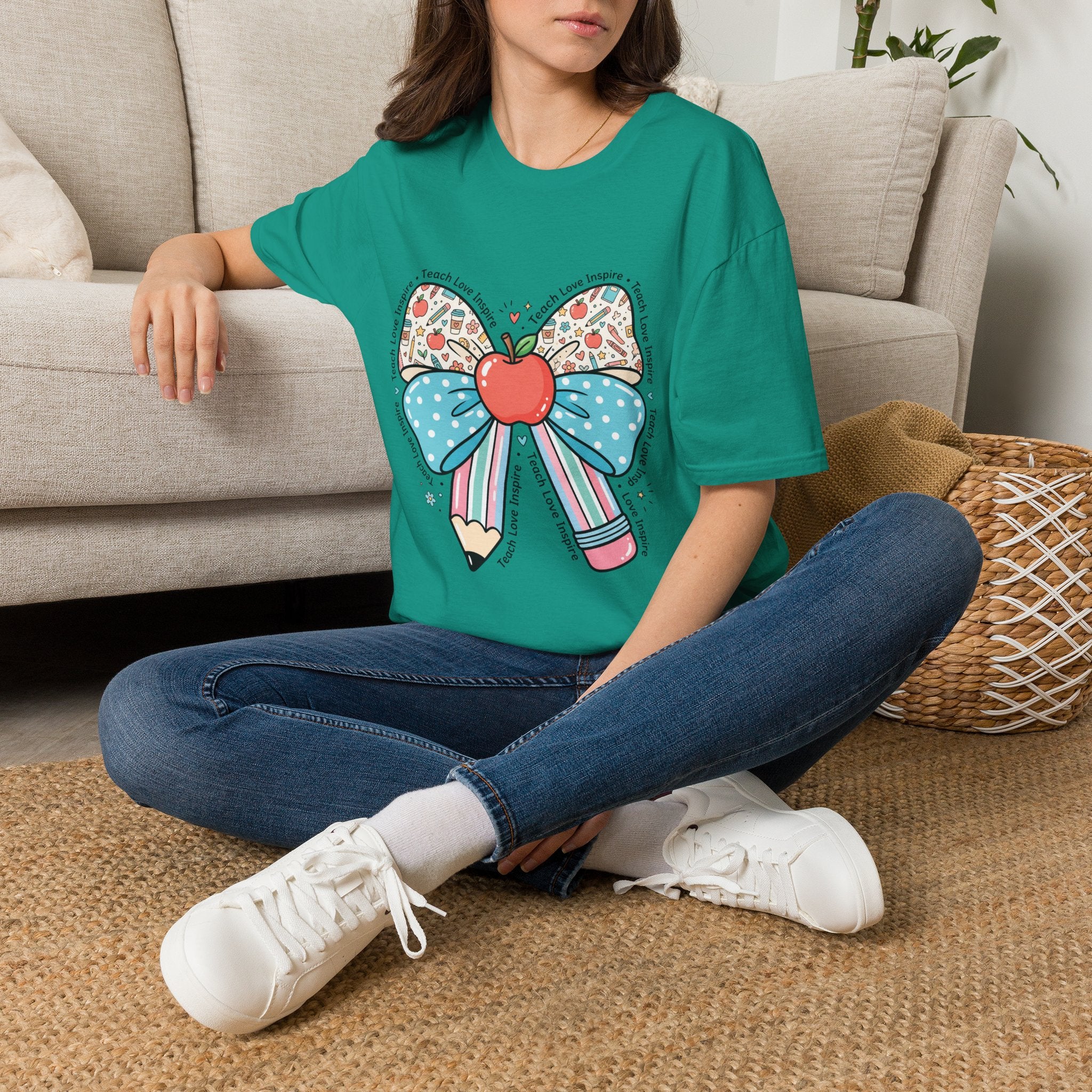 Teacher Bow T-Shirt — "Teach, Love, Inspire"