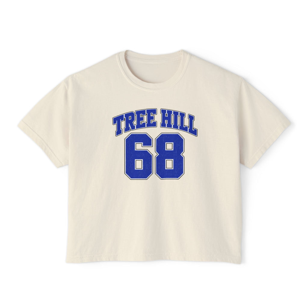 Tree Hill 68 Boxy Tee — Women's Retro Varsity Top (Fields 68 on Back)